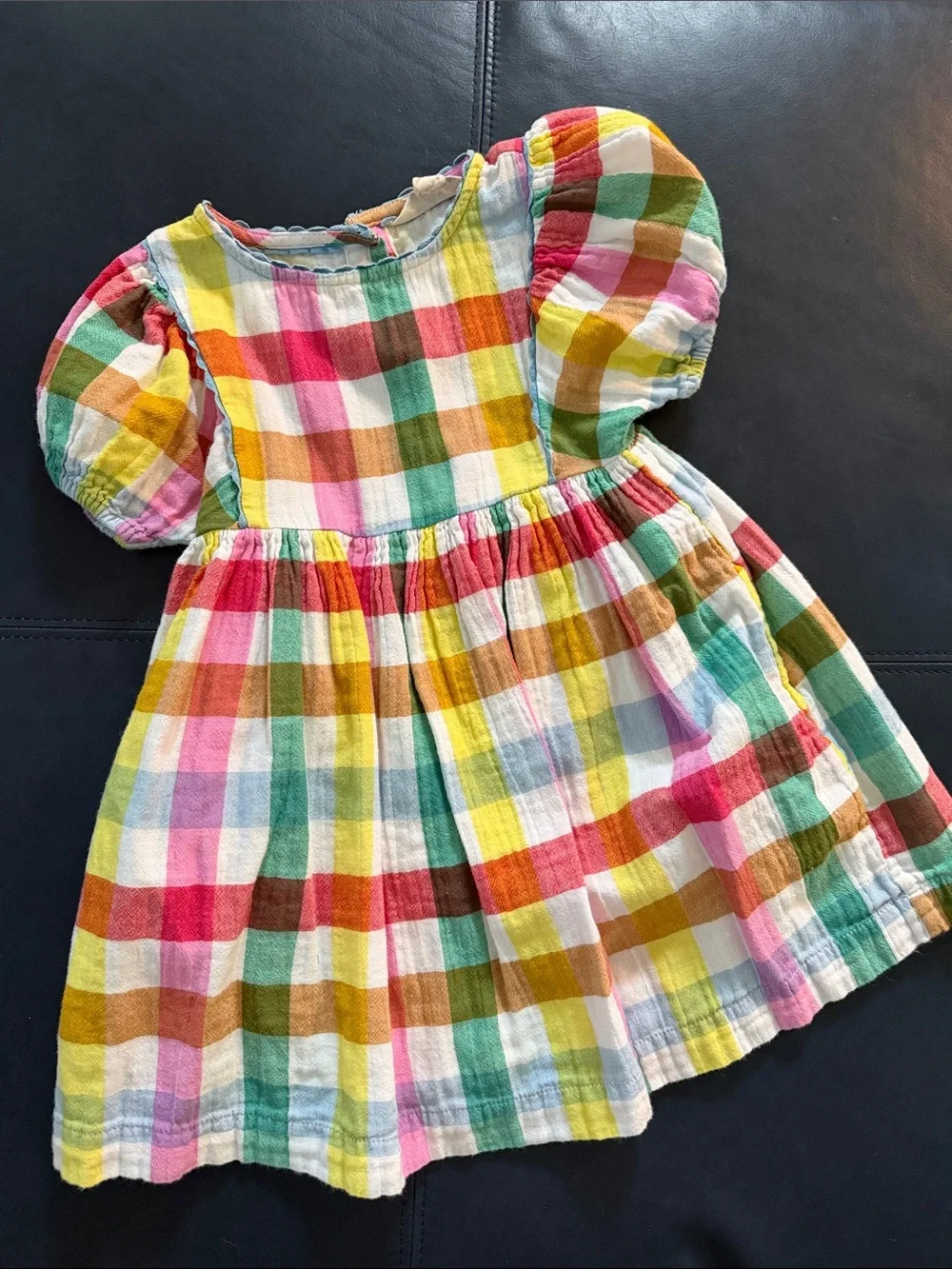 MINI BODEN Colorful Plaid Puff-Sleeve Toddler Dress